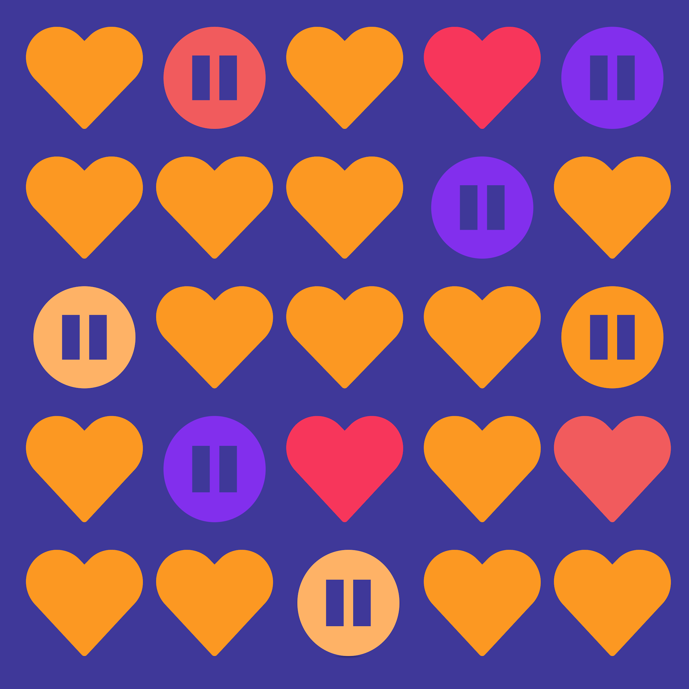 Illustrated orange and purple hearts and pause icons